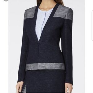 BCBGMaxAzria Blue and Gray Color-Block Linen Cotton Blazer S
